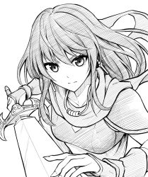 Rule 34 | 1girl, armor, belt pouch, breastplate, cape, fire emblem, fire emblem: thracia 776, greyscale, holding, holding sword, holding weapon, long hair, long sword, looking at viewer, mareeta (fire emblem), monochrome, nintendo, pouch, serious, shoulder armor, simple background, solo, sword, ten (tenchan man), weapon, white background