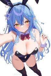 Rule 34 | 1girl, ahoge, alternate costume, animal ears, arm up, bare shoulders, black hairband, black leotard, black thighhighs, blue hair, blush, bow, bowtie, breasts, clothing cutout, commentary request, covered navel, detached collar, elf, fake animal ears, flower, from above, groin, hair flower, hair ornament, hairband, hand up, heart, heart ahoge, highres, hololive, large breasts, leotard, long hair, navel cutout, parted lips, playboy bunny, pointy ears, rabbit ears, red bow, red bowtie, red nails, simple background, solo, thighhighs, thighs, very long hair, virtual youtuber, white background, white flower, yellow eyes, you06, yukihana lamy