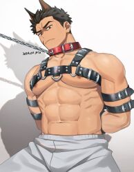 Rule 34 | 1boy, abs, animal ears, bara, bdsm, biceps, bondage, bound, brown eyes, brown hair, chain, chain leash, chest harness, closed mouth, collar, facial scar, fangs, frown, harness, highres, leash, male focus, muscular, muscular male, nipples, original, pants, pectorals, restrained, rio mukiniki, scar, scar on cheek, scar on face, shadow, simple background, sweatpants, thick eyebrows, white background