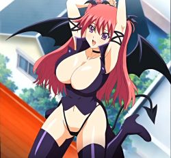 Rule 34 | 1girl, black wings, boots, breasts, building, bursting breasts, demon girl, demon tail, demon wings, firika mia shatana, flying, head wings, huge breasts, long hair, nukidoki!, purple eyes, red hair, rooftop, screencap, solo, demon girl, tail, thigh boots, thighhighs, twintails, wings