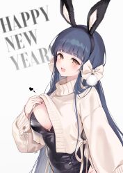 Rule 34 | 1girl, animal ears, black leotard, black nails, blue hair, blunt bangs, blush, breasts, clothes lift, english text, fake animal ears, happy new year, heart, highleg, highleg leotard, highres, idolmaster, idolmaster million live!, kitakami reika, large breasts, leotard, lifting own clothes, long hair, long sleeves, looking at viewer, nail polish, new year, nys, open mouth, playboy bunny, pom pom (clothes), rabbit ears, signature, solo, straight hair, sweater, sweater lift, turtleneck, turtleneck sweater, upper body, very long hair