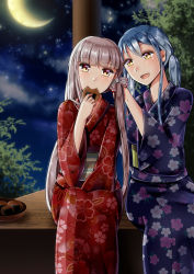 Rule 34 | 2girls, :d, adjusting hair, alternate costume, alternate hairstyle, bad id, bad pixiv id, blue hair, crescent moon, eating, floral print, food, food in mouth, fujiwara no mokou, full moon, hand in another&#039;s hair, hand on lap, highres, japanese clothes, kamishirasawa keine, kimono, leaning, long hair, looking at another, low twintails, moon, multiple girls, night, night sky, obi, open mouth, outdoors, sash, satomi nori, senbei, sidelocks, silver hair, sitting, sky, smile, star (sky), touhou, tray, tree, twintails, tying hair, very long hair, yellow eyes, yukata