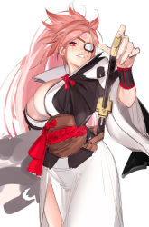 Rule 34 | 1girl, absurdres, baiken, breasts, cleavage, eyepatch, guilty gear, guilty gear xrd, guilty gear xrd: revelator 2, highres, looking at viewer, red eyes, red hair, scar, simple background, solo, sword, tetsu (kimuchi), weapon, white background