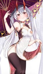 Rule 34 | 1girl, absurdres, armpits, bare shoulders, black thighhighs, bracelet, breasts, china dress, chinese clothes, cleavage, cleavage cutout, clothes lift, clothing cutout, dress, dress lift, fate/grand order, fate (series), grey hair, hair between eyes, hamaken. (novelize), highres, holding, holding umbrella, horns, jewelry, legs, lifted by self, long hair, looking at viewer, medium breasts, mitsudomoe (shape), oil-paper umbrella, open mouth, parasol, red eyes, sleeveless, smile, solo, standing, thighhighs, tomoe (symbol), tomoe gozen (fate), tomoe gozen (traveling outfit) (fate), twintails, umbrella, very long hair