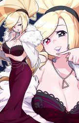 Rule 34 | 1girl, artist name, black background, blonde hair, breasts, bright pupils, cleavage, dress, fur collar, heterochromia, highres, hilda (under night in-birth), jewelry, large breasts, long hair, looking at viewer, lyn (shunao), multiple views, necklace, red eyes, simple background, under night in-birth, very long hair, white pupils