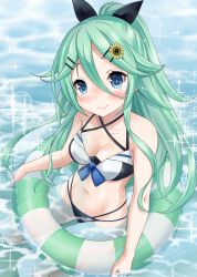 Rule 34 | 1girl, bikini, black bow, blue eyes, bow, breasts, closed mouth, from above, green hair, groin, hair between eyes, hair bow, hair ornament, hairclip, half updo, highres, innertube, kantai collection, lifebuoy, long hair, looking at viewer, neko danshaku, sitting, small breasts, smile, solo, sparkle, swim ring, swimsuit, very long hair, yamakaze (kancolle)