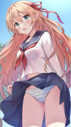 Rule 34 | 1girl, absurdres, arisa (shadowverse), blonde hair, blue sailor collar, blue skirt, blush, breasts, commentary request, commission, green eyes, hair between eyes, hair ribbon, highres, long hair, long sleeves, looking at viewer, medium breasts, navel, neckerchief, open mouth, panties, pixiv commission, pointy ears, princess connect!, red neckerchief, red ribbon, ribbon, sailor collar, school uniform, serafuku, shuucream (syuichi), skirt, solo, striped clothes, striped panties, underwear