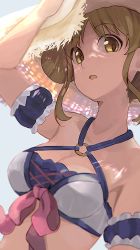 Rule 34 | 1girl, bikini, breasts, brown eyes, brown hair, cleavage, hat, highres, hiroki (yyqw7151), looking at viewer, medium breasts, open mouth, princess connect!, short hair, solo, straw hat, suzume (princess connect!), suzume (summer) (princess connect!), swimsuit, upper body