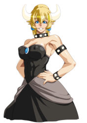 Rule 34 | 1girl, abs, bare shoulders, black dress, blonde hair, blue eyes, blue pupils, bowsette, bracelet, breasts, cleavage, collar, covered erect nipples, covered navel, cowboy shot, dress, grin, hair between eyes, hands on own hips, horns, impossible clothes, impossible dress, jewelry, large breasts, long hair, looking at viewer, mario (series), new super mario bros. u deluxe, nintendo, pointy ears, ponytail, puffy nipples, qkat (arikawa-dou), shiny skin, short hair, sidelocks, smile, solo, spiked bracelet, spiked collar, spikes, strapless, strapless dress, teeth, toned, waist cape