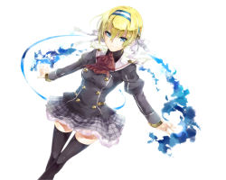 Rule 34 | 1girl, black thighhighs, blonde hair, blue eyes, buttons, cover, cover page, hairband, outstretched arms, plaid, plaid skirt, ruvy arusurei, school uniform, short hair, skirt, smile, solo, spread arms, temptation crown, thighhighs, yuugen, zettai ryouiki