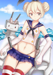 Rule 34 | 10s, 1girl, :3, alternate hairstyle, blue skirt, double bun, elbow gloves, gloves, grey eyes, hair bun, hairband, highres, kantai collection, navel, ocean, rensouhou-chan, shimakaze (kancolle), short hair, skirt, striped clothes, striped thighhighs, sunege (hp0715), thighhighs, white gloves