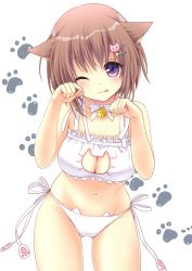 Rule 34 | 1girl, ;p, aimori meguru, animal ears, bell, blush, breasts, brown hair, cat cutout, cat ears, cat hair ornament, cat lingerie, choker, cleavage, cleavage cutout, clothing cutout, gluteal fold, hair ornament, hairclip, jingle bell, looking at viewer, meme attire, navel, neck bell, one eye closed, original, panties, paw pose, purple eyes, revision, ribbon, short hair, side-tie panties, solo, tongue, tongue out, underwear, white background, white panties, white ribbon