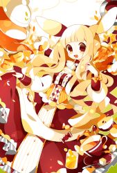Rule 34 | 1girl, animal ears, apple, ascot, blonde hair, blunt bangs, bow, bowtie, breasts, butter, cake, candy, cup, dress, food, frilled dress, frills, fruit, highres, holding, holding clothes, holding dress, honey, lollipop, long hair, long sleeves, original, pie, saijo1201, saucer, small breasts, solo, sugar cube, tagme, teacup, yellow eyes