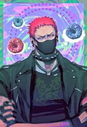 Rule 34 | 1boy, alternate costume, bara, black nails, border, charlotte katakuri, crossed arms, doughnut, food, food-themed background, frown, green border, jacket, male focus, mask, mewiyev, mouth mask, muscular, muscular male, one piece, pink hair, short hair, sideways glance, solo, upper body, veiny face