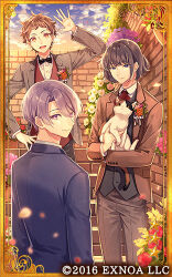 Rule 34 | 3boys, :d, amaichi esora, animal, black bow, black bowtie, black hair, black vest, blue eyes, blue jacket, bob cut, boutonniere, bow, bowtie, brick wall, brown hair, brown jacket, bungou to alchemist, calico, card (medium), cat, closed mouth, cloud, collared shirt, copyright notice, cowboy shot, cross tie, dusk, flower, flower pot, gate, grey jacket, grey pants, hagiwara sakutarou (bungou to alchemist), hair between eyes, hand on own hip, hanging plant, holding, holding animal, jacket, kitahara hakushuu (bungou to alchemist), lapels, long sleeves, looking at viewer, looking back, lowres, male focus, multiple boys, muroo saisei (bungou to alchemist), notched lapels, official art, open clothes, open hand, open jacket, open mouth, orange flower, outdoors, pants, pink flower, purple eyes, purple flower, purple hair, red eyes, red flower, red vest, shirt, short bangs, short hair, smile, stairs, standing, suit jacket, traditional bowtie, upper body, vest, white flower, white shirt