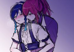 Rule 34 | 2boys, alternate costume, androgynous, black hair, blue hair, blush, braid, chiroron, crossdressing, diluc (genshin impact), enmaided, frills, genshin impact, gradient hair, green eyes, hair between eyes, hug, hug from behind, jacket, licking, licking another&#039;s neck, long hair, long sleeves, maid, maid headdress, male focus, multicolored hair, multiple boys, open mouth, ponytail, puffy sleeves, red eyes, red hair, shirt, short hair with long locks, simple background, steam, sweat, tearing up, tears, tongue, tongue out, twin braids, twitching, venti (genshin impact), victorian maid, white shirt, yaoi