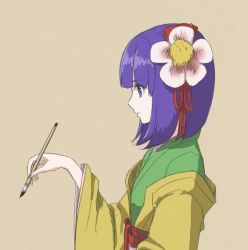 Rule 34 | 1girl, hair flower, hair ornament, hieda no akyuu, kitano (kitanosnowwhite), purple eyes, purple hair, short hair, touhou