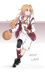Rule 34 | 1girl, absurdres, alternate costume, azur lane, ball, basketball, basketball (object), basketball uniform, bling, blonde hair, cleveland (azur lane), cleveland cavaliers, collarbone, commentary request, deal with it (meme), determined, dribbling (basketball), earrings, full body, hair ornament, hair scrunchie, highres, hood, hoodie, jewelry, knee pads, long hair, long sleeves, looking to the side, mango (mgo), meme, name connection, national basketball association, necklace, nike (company), one side up, parted lips, red eyes, scrunchie, shoes, shorts, sneakers, solo, sportswear, sunglasses, trait connection