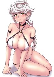 Rule 34 | 1girl, asymmetrical hair, bare arms, bare legs, bare shoulders, bikini, black choker, braid, breasts, choker, cleavage, closed mouth, cypress, halterneck, kantai collection, large breasts, long hair, navel, one-hour drawing challenge, revision, simple background, single braid, sitting, smile, solo, swimsuit, twisted torso, twitter username, unryuu (kancolle), very long hair, white background, white bikini, white hair, yellow eyes, yokozuwari