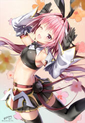 Rule 34 | 1boy, animal ears, armor, ass, astolfo (fate), astolfo (saber) (fate), ayakawa riku, bare shoulders, belt, black bow, black bowtie, black gloves, black ribbon, black shirt, black skirt, black thighhighs, blush, bow, bowtie, crop top, detached sleeves, elbow gloves, fang, fate/grand order, fate (series), faulds, floral background, flower, gloves, hair between eyes, hair bow, hair intakes, hair ribbon, hands up, long hair, looking at viewer, looking back, low twintails, male focus, midriff, multicolored hair, one eye closed, open mouth, pink hair, purple eyes, rabbit ears, rabbit pose, ribbon, shirt, skirt, smile, solo, streaked hair, thighhighs, thighs, trap, twintails, white hair, wide sleeves