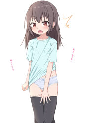 Rule 34 | 1girl, ^^^, black thighhighs, blue shirt, blush, bow, bow panties, brown eyes, brown hair, collarbone, commentary request, fang, highres, looking at viewer, no pants, open mouth, original, panties, shirt, short sleeves, simple background, solo, standing, striped clothes, striped panties, takasuma hiro, thigh gap, thighhighs, translation request, underwear, white background