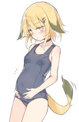 Rule 34 | 1girl, animal ears, blonde hair, blunt bangs, blush, breasts, choker, dutch angle, old school swimsuit, original, otokuyou, pregnant, school swimsuit, short hair, small breasts, solo, swimsuit, tail, white background, yellow eyes