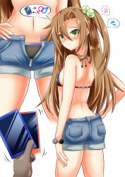Rule 34 | 1girl, alternate costume, anger vein, ass, bare shoulders, bikini, breasts, brown hair, cellphone, choujigen game neptune, denim, denim shorts, from behind, green eyes, hair bobbles, hair ornament, highres, idea factory, if (neptunia), kyou (hibikit), long hair, looking at viewer, looking back, multiple views, neptune (series), phone, shin jigen game neptune vii, shiny skin, short shorts, shorts, side ponytail, sideboob, solo, swimsuit, tears, very long hair