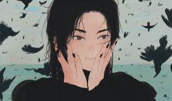 Rule 34 | 1girl, absurdres, akino kogomi, bad id, bad pixiv id, bird, black bird, black hair, black nails, black shirt, brown eyes, closed mouth, commentary, crow, grey sky, hands on own face, highres, huge filesize, long hair, long sleeves, looking away, nail polish, ocean, original, portrait, shirt, sky, sleeves past wrists, solo, upper body