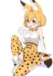 Rule 34 | 1girl, :p, animal ear fluff, animal ears, arm support, blonde hair, bow, bowtie, chis (js60216), claw pose, closed mouth, elbow gloves, extra ears, gloves, grey footwear, high-waist skirt, highres, kemono friends, knee up, leaning back, looking at viewer, miniskirt, print bow, print bowtie, print neckwear, print skirt, print thighhighs, serval (kemono friends), serval print, shirt, shoes, short hair, sitting, skirt, sleeveless, sleeveless shirt, smile, solo, striped tail, tail, thighhighs, tongue, tongue out, traditional bowtie, white gloves, white shirt, yellow bow, yellow bowtie, yellow eyes, yellow skirt, yellow thighhighs