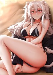 Rule 34 | 1girl, animal ears, bikini, black bikini, black nails, blush, breasts, closed mouth, feet out of frame, from above, fur-trimmed jacket, fur trim, ginhaha, grey eyes, hair between eyes, highres, hololive, jacket, jacket partially removed, lion ears, lion girl, lion tail, looking at viewer, lying, mixed-language commentary, nail polish, on side, sand, shishiro botan, side-tie bikini bottom, smile, solo, swimsuit, tail, thighs, twisted torso, two side up, virtual youtuber, white hair