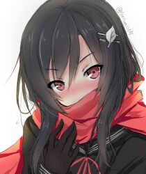 Rule 34 | 1girl, akatsuki (ggsy7885), bad id, bad twitter id, black hair, black shirt, blush, commentary request, gloves, hair ornament, hairclip, hand on own chest, long hair, looking at viewer, red eyes, red ribbon, red scarf, ribbon, sailor collar, sayo samonji (tenka hyakken), scarf, shirt, sketch, solo, tenka hyakken, twitter username, upper body, white background