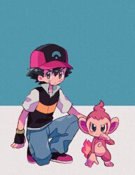 Rule 34 | 1boy, ash ketchum, baseball cap, black gloves, black hair, black jacket, blue background, blue pants, brown eyes, chimchar, clenched hand, creatures (company), fingerless gloves, flame-tipped tail, full body, game freak, gen 4 pokemon, gloves, grey eyes, hand on own cheek, hand on own face, hat, highres, jacket, kneeling, male focus, mgomurainu, monkey, multicolored clothes, multicolored footwear, multicolored headwear, nintendo, pants, pokemon, pokemon (anime), pokemon (creature), pokemon dppt (anime), serious, shoes, short hair, short sleeves, simple background