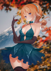 Rule 34 | 1girl, absurdres, alcohol, artist name, bare shoulders, black gloves, black thighhighs, blonde hair, blue eyes, blurry, breasts, cleavage, cup, depth of field, dress, drinking glass, elbow gloves, gloves, green dress, halterneck, highres, holding, holding cup, jimihdx, karuizawa kei, long hair, medium breasts, parted lips, ponytail, smile, solo, thighhighs, wine, wine glass, youkoso jitsuryoku shijou shugi no kyoushitsu e