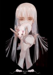 Rule 34 | 1other, 2020, ambiguous gender, animal, black background, chinese zodiac, covered mouth, grey eyes, hands up, holding, holding animal, long hair, mouse (animal), original, syalgu, white hair, year of the rat