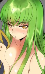 Rule 34 | 1girl, blush, breast press, breasts, c.c., cleavage, code geass, collarbone, covering privates, covering breasts, creayus, embarrassed, green hair, grey background, holding, long hair, looking at viewer, medium breasts, nude, parted lips, shiny skin, simple background, solo, sweat, tsurime, upper body, yellow eyes
