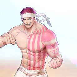 Rule 34 | 2boys, abs, alternate costume, arm tattoo, bara, charlotte katakuri, chest tattoo, clenched hands, headband, large pectorals, male focus, monkey d. luffy, multiple boys, muscular, muscular male, one piece, pectorals, pink hair, sephirona, short hair, size difference, stitches, tattoo, topless male, tusks
