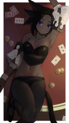 Rule 34 | 1girl, absurdres, ace (playing card), ace of hearts, animal ears, arm up, armpits, bare shoulders, black hair, black skin, blue eyes, blush, breasts, card, cat ears, cat tail, colored skin, detached sleeves, final fantasy, final fantasy xiv, fishnet pantyhose, fishnets, heart, highres, leotard, looking at viewer, lying, medium breasts, midriff, miqo&#039;te, navel, on back, pantyhose, playing card, poker chip, short hair, solo, strapless, strapless leotard, tail, tostantan, warrior of light (ff14)