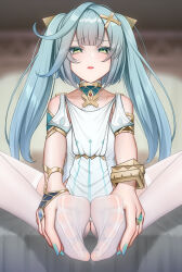 1girl absurdres atom_b blue_hair faruzan_(genshin_impact) feet foot_pussy genshin_impact green_eyes highres light_blush long_hair looking_at_viewer open_mouth see-through_clothes see-through_legwear soles thighhighs toes twintails white_thighhighs