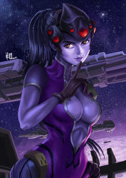 Rule 34 | 10s, 1girl, 2016, black gloves, bodysuit, breasts, center opening, cleavage, colored skin, dated, finger to mouth, gloves, hand on own hip, head-mounted display, highres, large breasts, lips, long hair, looking at viewer, night, night sky, nose, overwatch, overwatch 1, parted lips, ponytail, purple hair, purple skin, ryu shou, sky, solo, star (sky), starry sky, upper body, very long hair, visor, widowmaker (overwatch), yellow eyes