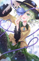 Rule 34 | 1girl, :d, black hat, blouse, blush, bow, buttons, commentary, covering one eye, cowboy shot, diamond button, double v, eyebrows hidden by hair, fingernails, floating hair, floral print, frilled shirt collar, frilled sleeves, frills, fujiwara aoi, green eyes, green hair, green nails, green skirt, hair between eyes, hands up, hat, hat bow, heart, heart of string, komeiji koishi, long sleeves, medium hair, nail polish, open mouth, petticoat, red eyes, rose print, shirt, skirt, smile, solo, third eye, touhou, v, wide sleeves, yellow bow, yellow shirt