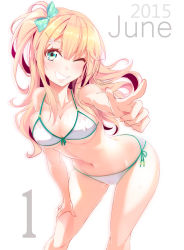 Rule 34 | 1girl, 2015, bent over, bikini, blonde hair, blue eyes, breasts, cameltoe, cleavage, collarbone, covered erect nipples, groin, hair ribbon, haruka natsuki, june, long hair, looking at viewer, medium breasts, navel, one eye closed, one side up, original, pointing, pointing at viewer, ribbon, side ponytail, simple background, smile, solo, swimsuit, white background