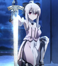 Rule 34 | 1girl, armor, armored boots, armored gloves, artoria pendragon (all), artoria pendragon (fate), black thighhighs, boots, bow, breasts, cleavage, detached sleeves, dress, excalibur (fate/stay night), fate/kaleid liner prisma illya, fate (series), garter straps, gloves, highres, illyasviel von einzbern, kneeling, pink dress, ponytail, red eyes, ribbon, saber (fate), saber lily, screencap, skirt, strapless, strapless dress, sword, thigh boots, thighhighs, weapon, white hair