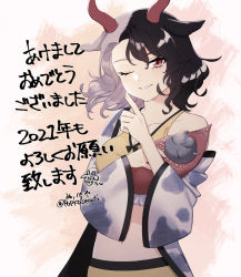 Rule 34 | 1girl, animal ears, animal print, black hair, breasts, cleavage, commentary request, cow ears, cow girl, cow horns, cow print, cow tail, crop top, eyelashes, grey hair, haori, highres, horns, japanese clothes, long sleeves, medium hair, midriff, multicolored hair, navel, nupeya, one eye closed, parted lips, red eyes, red horns, red tail, shorts, split-color hair, statue, stomach, tail, tank top, touhou, two-tone hair, ushizaki urumi, wide sleeves, yellow shorts, yellow tank top