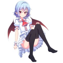 Rule 34 | 1girl, blouse, blue hair, blush, c:, closed mouth, frills, hand on own knee, junior27016, knees up, looking at viewer, pointy ears, purple eyes, remilia scarlet, shirt, short hair, short sleeves, simple background, sitting, skirt, smile, solo, thighhighs, touhou, wavy hair, white background, white shirt, white skirt