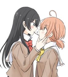 Rule 34 | 2girls, ahoge, black hair, blush, bow, bowtie, brown eyes, brown shirt, commentary request, eye contact, food, from side, grey eyes, hand on another&#039;s face, highres, koito yuu, long hair, long sleeves, looking at another, multiple girls, nanami touko, nemu1423, orange hair, pocky, pocky kiss, profile, red bow, red bowtie, sailor collar, school uniform, serafuku, shared food, shirt, short twintails, simple background, tohmi higashi high school uniform, twintails, upper body, white background, white sailor collar, yagate kimi ni naru, yellow bow, yellow bowtie, yuri