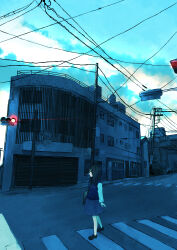Rule 34 | 1girl, bag, black footwear, black hair, blue sweater vest, building, closed mouth, commentary request, crosswalk, grey skirt, highres, inami hatoko, long hair, long sleeves, making-of available, original, outdoors, power lines, scenery, school uniform, shadow, shirt, shoulder bag, skirt, sky, socks, solo, sweater vest, traffic light, utility pole, white shirt, white socks