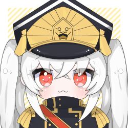 Rule 34 | 1girl, :3, altair (re:creators), artist request, blush, chibi, chinese commentary, coat, commentary request, crossed bangs, eyelashes, gold trim, hair between eyes, hat, highres, long hair, looking at viewer, medium bangs, military uniform, re:creators, red eyes, shako cap, solo, twintails, two-tone background, uniform, white hair