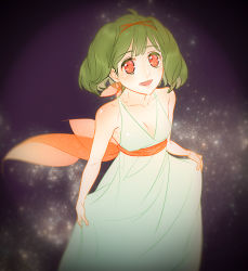 Rule 34 | 1girl, ahoge, alternate costume, armpits, bare arms, bare shoulders, breasts, cleavage, collarbone, dress, green dress, green hair, hairband, looking at viewer, macross, macross frontier, naive (day), open mouth, ranka lee, red eyes, short hair, sleeveless, sleeveless dress, small breasts, smile, solo