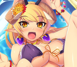 Rule 34 | 10s, 1girl, :d, animal ears, bat ears, beads, bikini, blonde hair, blush, bouncing breasts, bracelet, breasts, choker, cleavage, close-up, cropped, demon girl, earrings, floating hair, flower, frilled bikini, frills, front-tie bikini top, front-tie top, hair flower, hair ornament, hand up, happy, horns, jewelry, large breasts, long hair, long pointy ears, looking at viewer, lots of jewelry, mel/a, morrigan (shingeki no bahamut), neck ring, official art, open mouth, pointy ears, ponytail, purple bikini, shingeki no bahamut, shiny skin, slit pupils, smile, solo, swimsuit, tsurime, underboob, upper body, wardrobe malfunction, yellow eyes