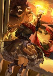 Rule 34 | 1girl, absurdres, alcohol, animal ears, archetto (arknights), arknights, basket, beer, beer glass, bird, black dress, black footwear, black gloves, blonde hair, blue eyes, boots, bread, breasts, building, bun (food), cape, circlet, commentary, dress, dutch angle, elbow gloves, english commentary, food, from side, full body, gloves, hand up, heterochromia, highres, infection monitor (arknights), knee boots, large breasts, long hair, neriash, open mouth, outdoors, red cape, red eyes, sitting, solo, strap, sunset